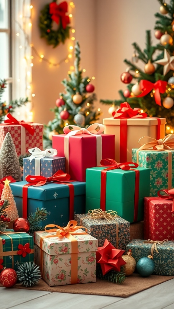 A festive display of Christmas gifts on a table with lights and decorations.